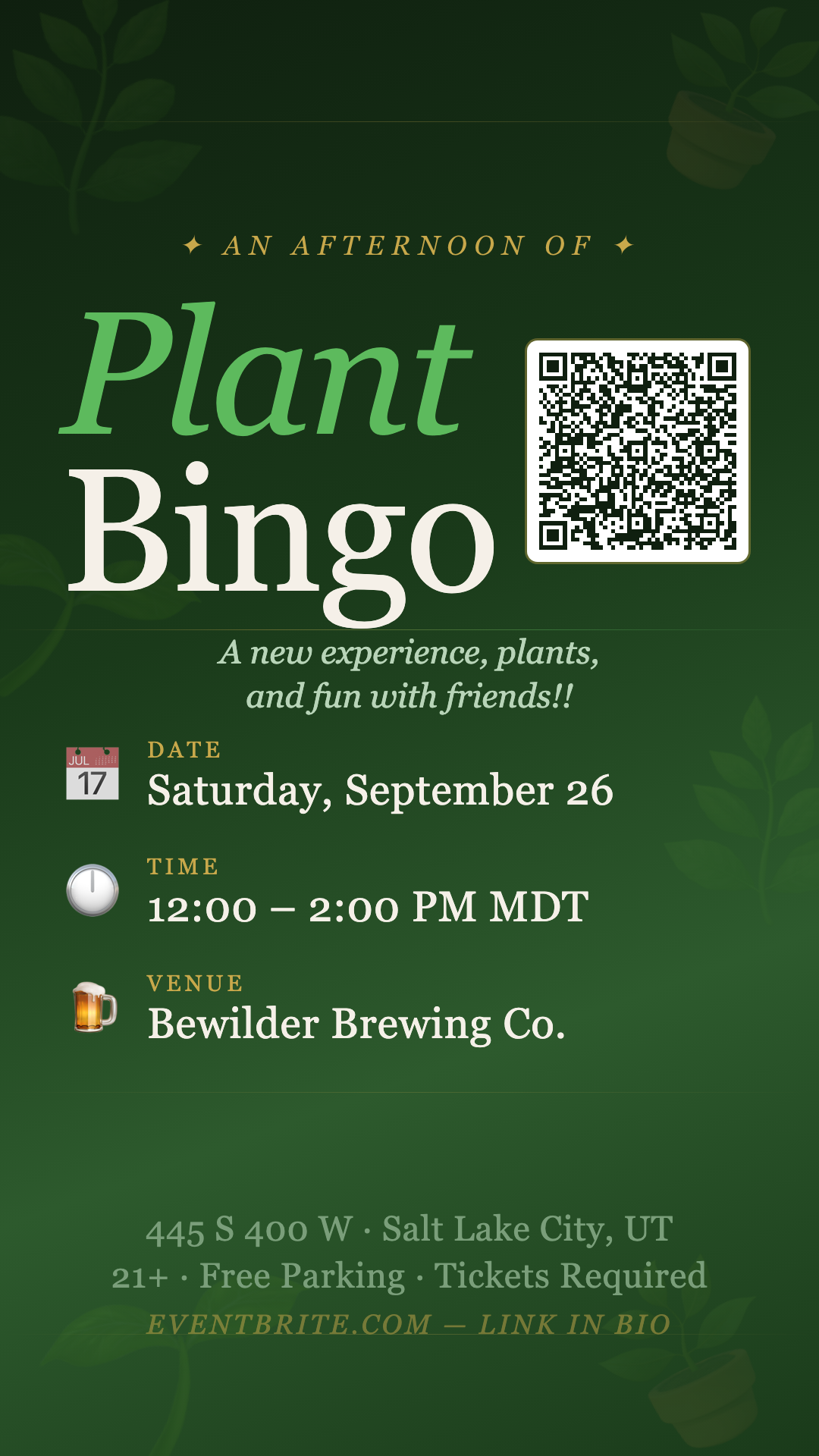 Plant Bingo at Bewilder Brewing Co., Salt Lake City — Saturday September 26